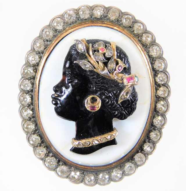 A mid c.19thC. hardstone cameo brooch set with diamonds SOLD £2700