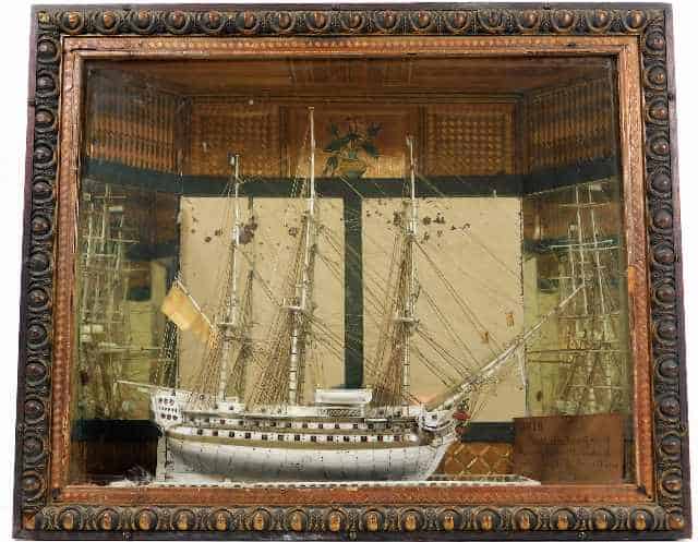 c.1810 French POW bone model ship within period straw work box SOLD £6200