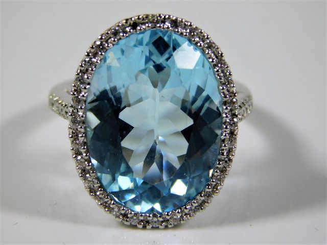 18ct white gold cocktail ring set with diamond & large aqua SOLD £1100