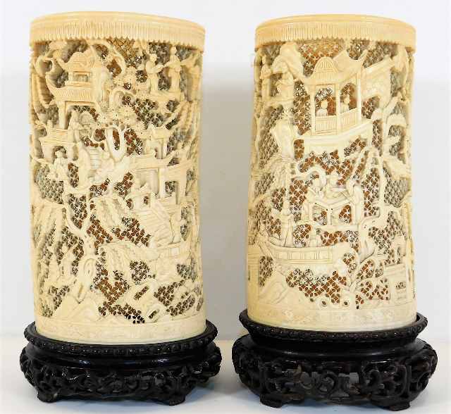 A pair of 19thC Chinese carved ivory tusks SOLD £580