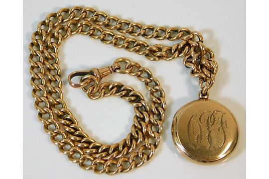 A Victorian heavy gauge 15ct gold Albert chain with yellow metal locket 49.8g £1100