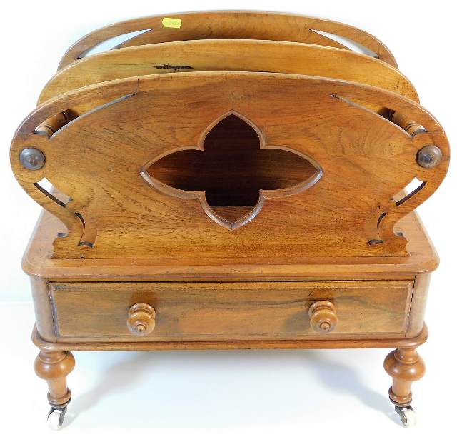 A Victorian walnut Canterbury with drawer under on turned legs SOLD £280