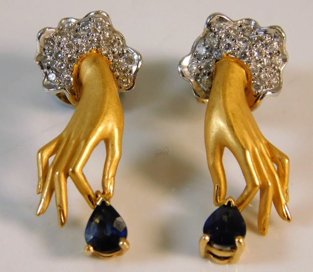 A fine pair of Carrera Y Carrera 18ct brushed gold earring set with diamonds & sapphires SOLD £800
