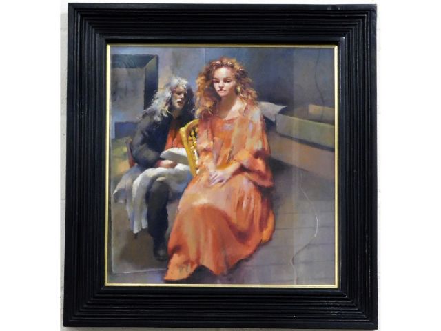 A framed Robert O. Lenkiewicz oil painting on panel depicting Lisa & a portrait of painter, part of St. Anthony Theme, signed & titled to verso, image size 23.75in x 22.75in. SOLD £6000