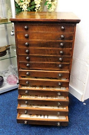 A good 19thC. rosewood twelve drawer specimen cabinet with specimens from 1864 onward SOLD £640