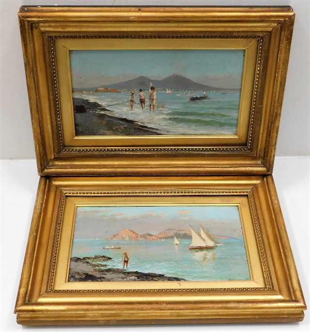A pair of Oscar Ricciardi, Italian, 1864-1935, oil on panels with Bay of Naples SOLD £400