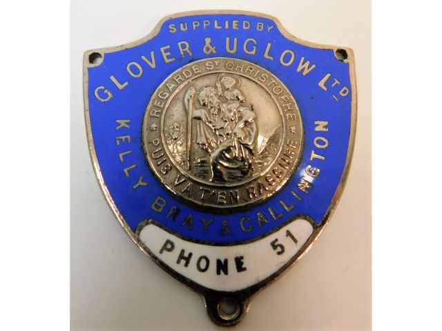 A vintage chrome & enamel Glover & Uglow badge of local interest Kelly Bray & Callington SOLD £130