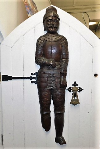 An antique carved oak figure of 15thC. crusader, loss to right foot & part of left foot SOLD £900