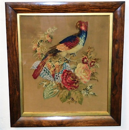 An early 19thC. raised work picture of parrot & flowers set within a rosewood veneer frame SOLD £140