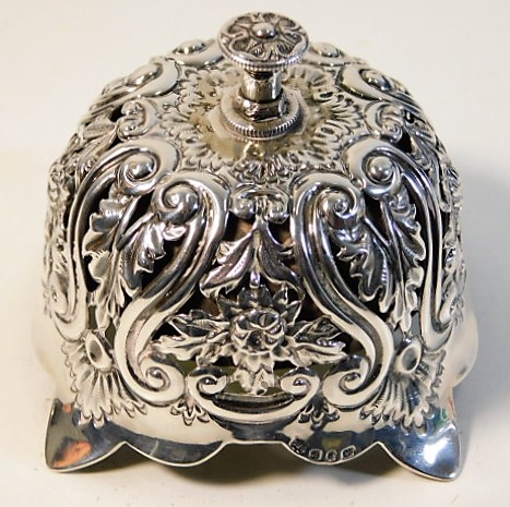 An ornate Victorian Birmingham silver servant call bell with twist top action SOLD £210