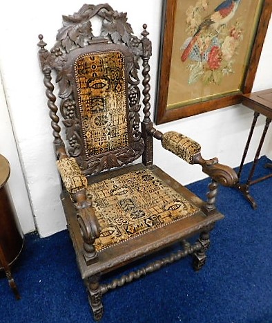 An upholstered late Victorian oak throne chair SOLD £180