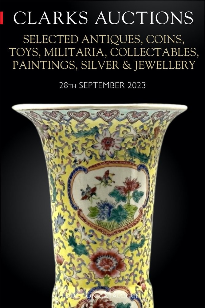 Clarks Auctions Catalogue cover for 28th September 2023 showing an antique vase on a black background.